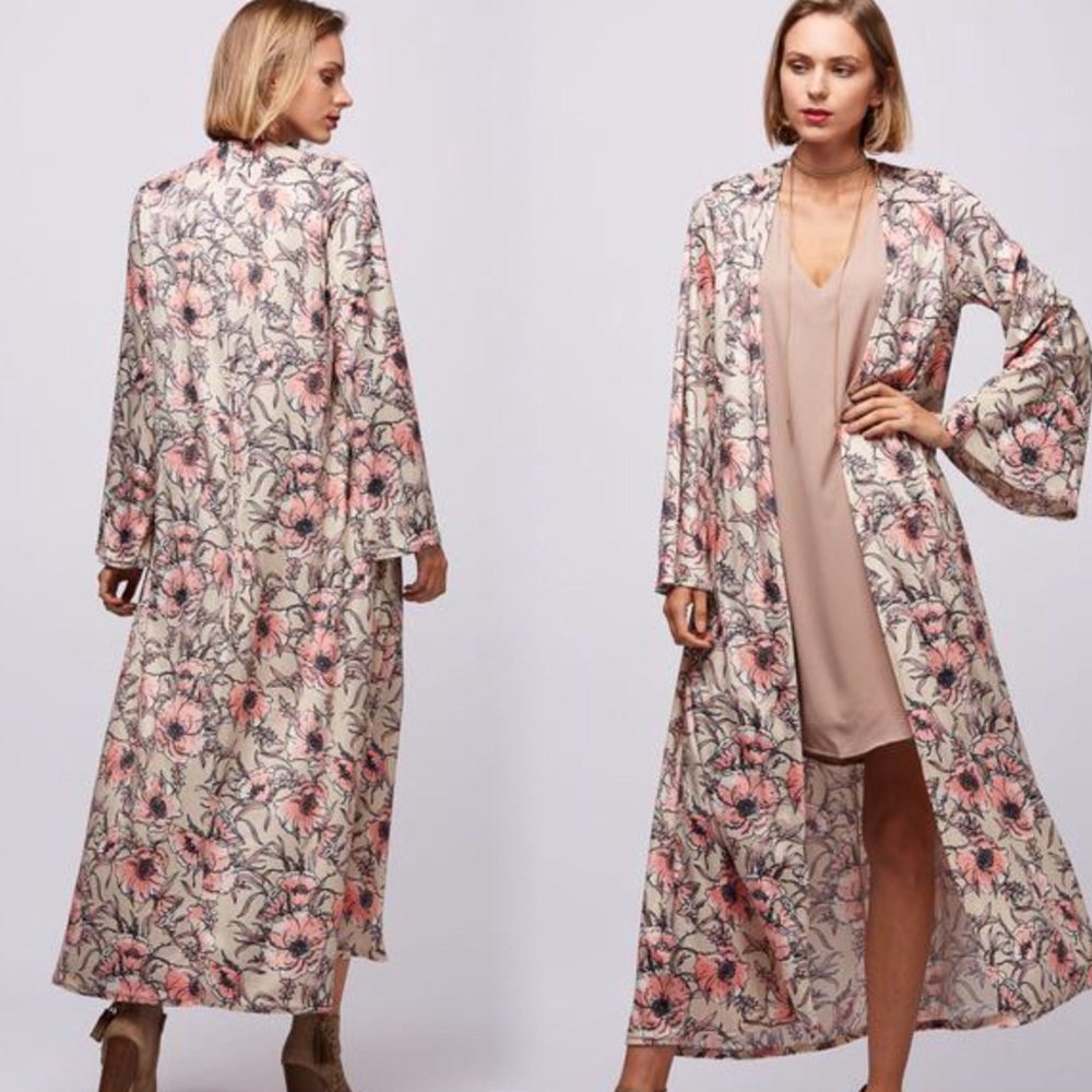 Velvet floral print long open front boho cardigan